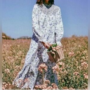 Zara NWT Printed Rustic Smocked High Neck Floral Midi Dress, Size S